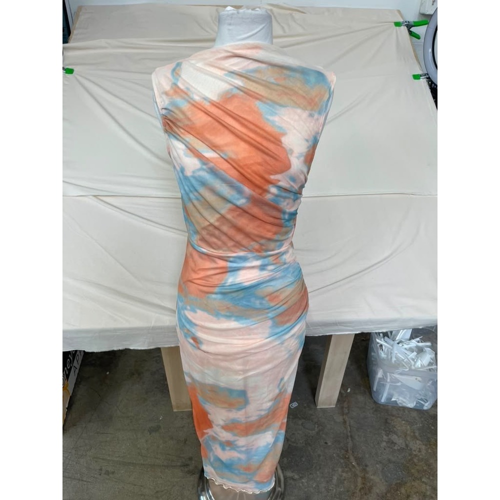 Womens Orange Blue‎ Tie Dye Mesh Ruched Bodycon Maxi Dress Sleeveless Small